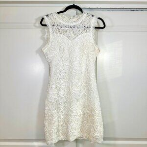 San Souci White Illusion Lace and Embroidered Sleeveless Mini Dress - Large
